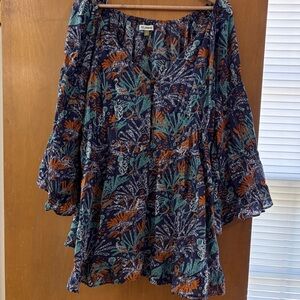 Celabrunne Navy Floral Tiered Mini Dress with Orange & Teal Motif